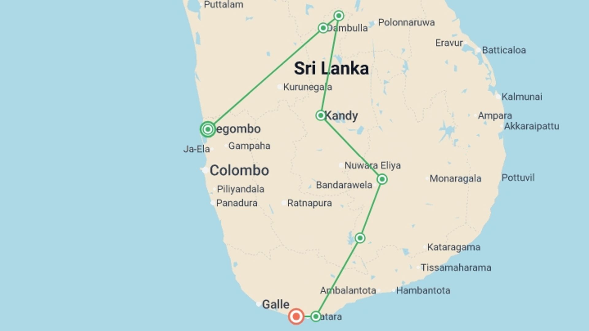 A map showing the tour itinerary for the trip: Sri Lanka Experience, starting in Negombo, Sri Lanka and ending in Mirissa, Sri Lanka going through 6 other destinations.