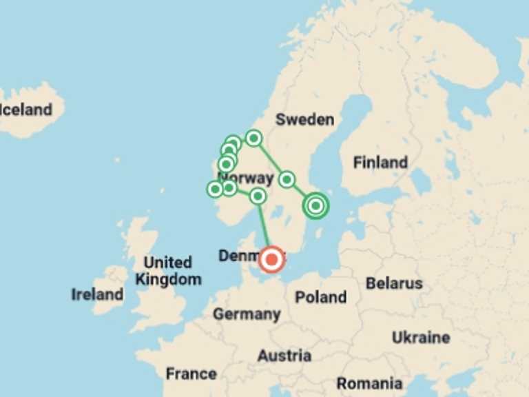 Map of Norway and Sweden Tour with 8 destination visits for the trip: Legendary Fjords End Copenhagen
