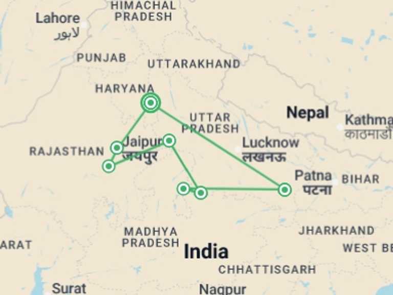 Map itinerary of New Delhi Tour in October 2027 with 7 destination visits for the trip: Essential India