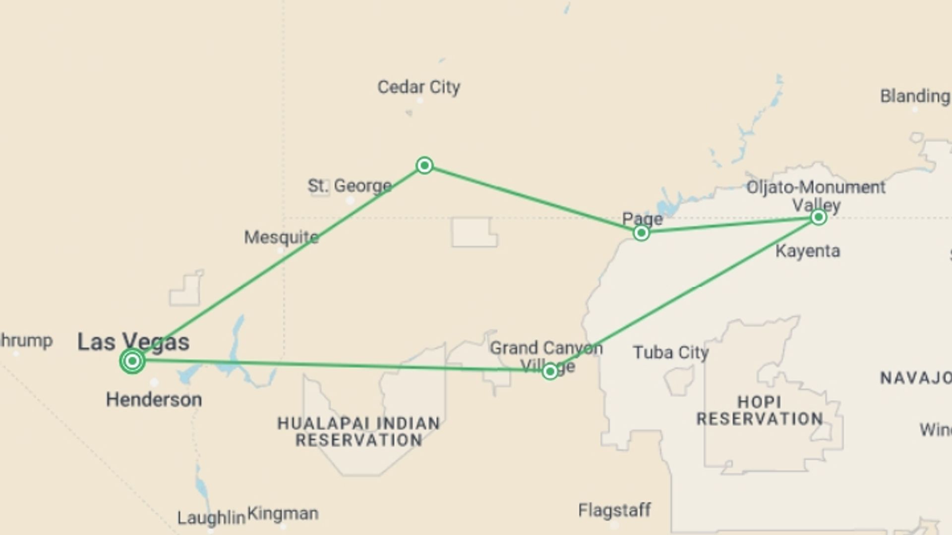 A map showing the tour itinerary for the trip: Western USA Family Holiday, starting in Las Vegas, USA and ending in Las Vegas, USA going through 4 other destinations.