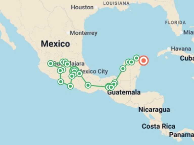 Map of North America Tour with 17 destination visits for the trip: Mexico: From the Pacific to the Caribbean