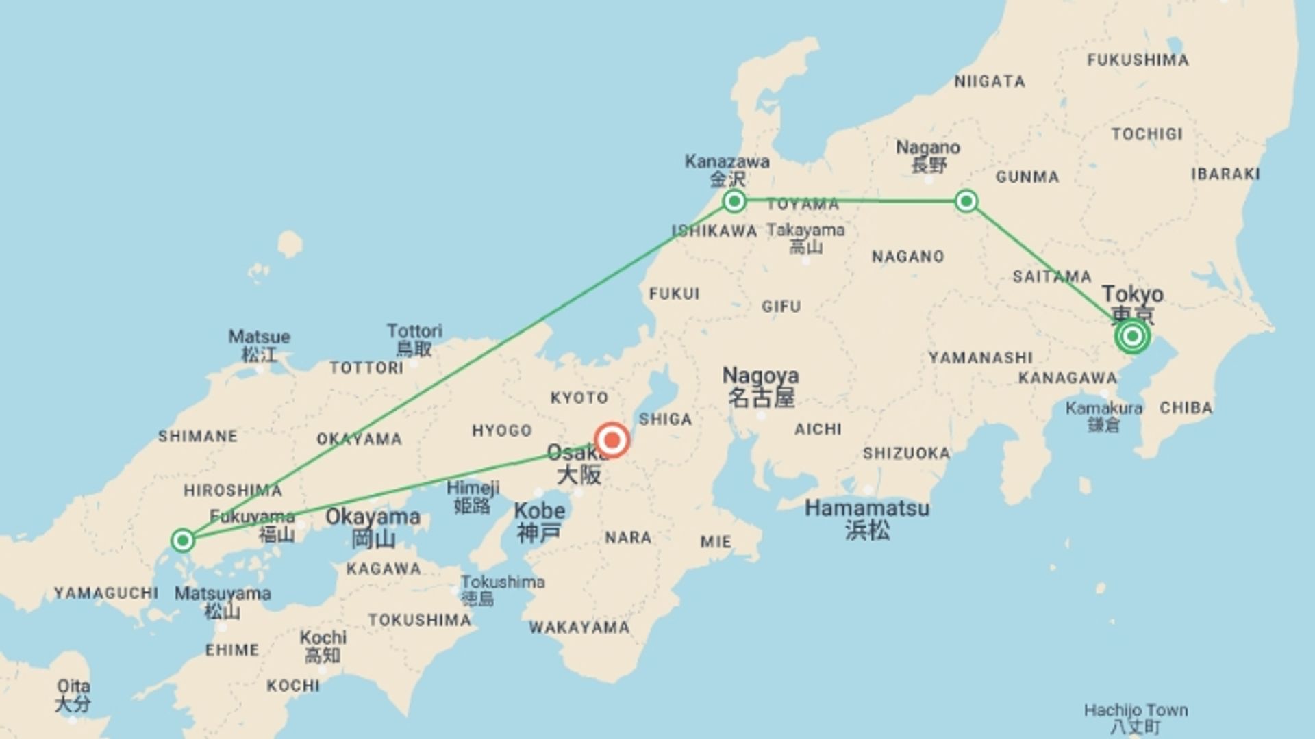 A map showing the tour itinerary for the trip: Journeys: Iconic Japan, starting in Tokyo, Japan and ending in Kyoto, Japan going through 3 other destinations.
