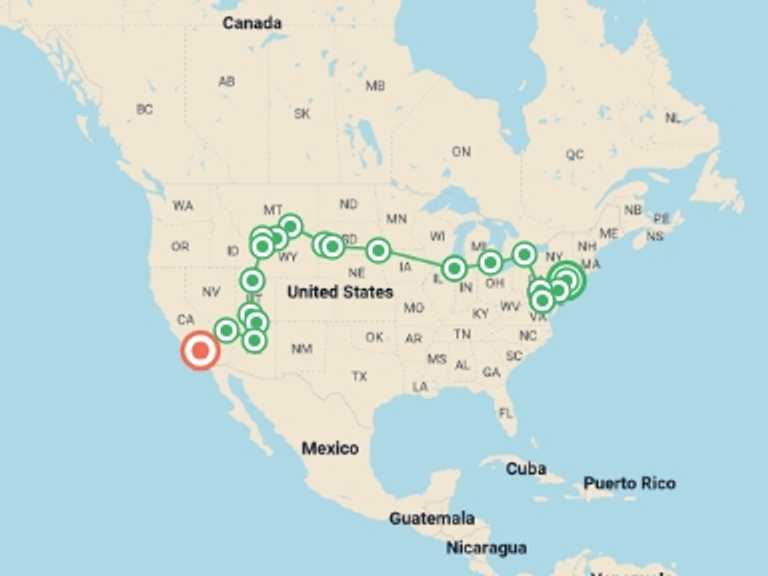 Map of USA Tour with 15 destination visits for the trip: New York to Hollywood
