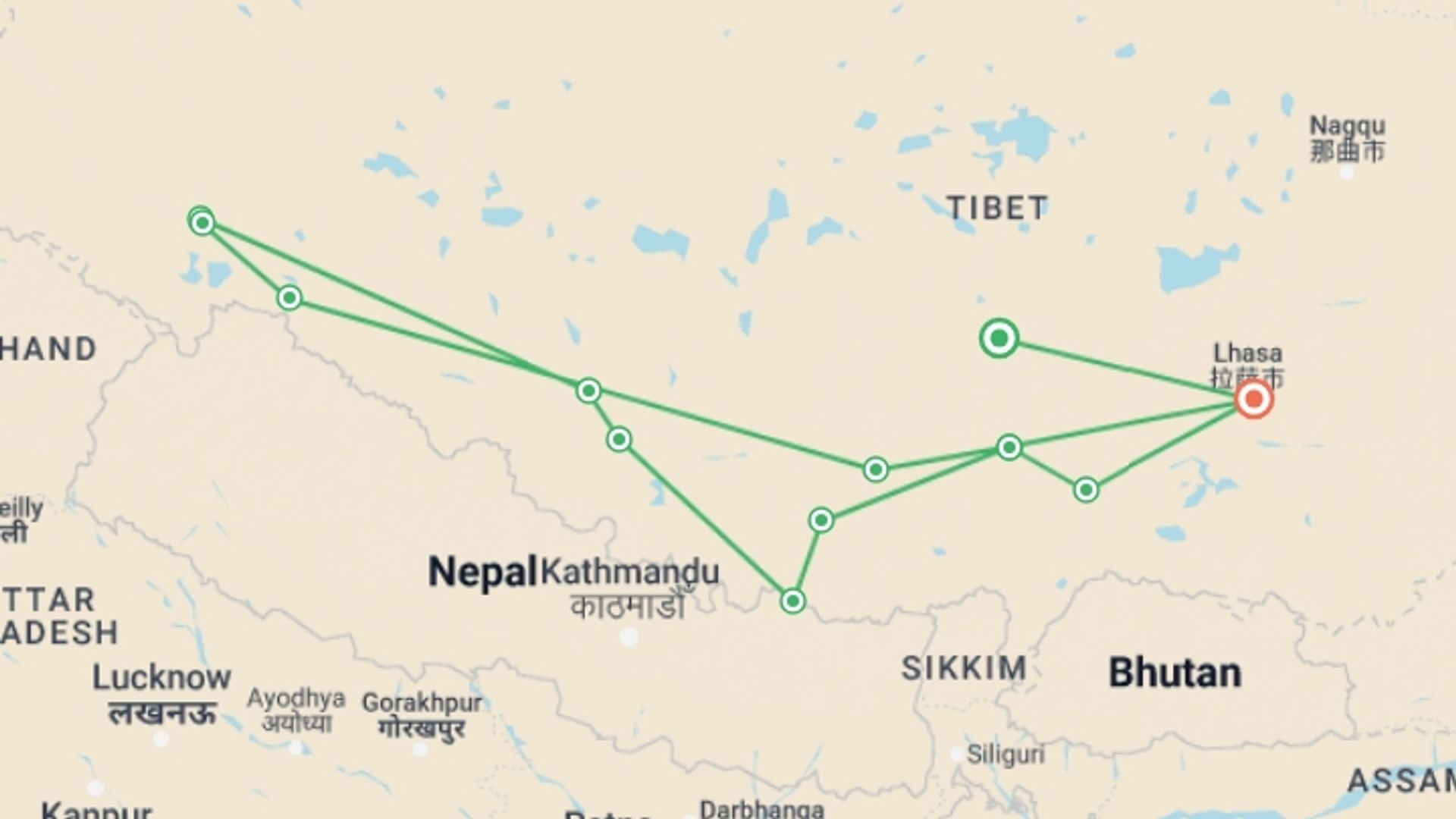 A map showing the tour itinerary for the trip: 15-Day Mt. Kailash Group Tour via Everest Base Camp, starting in Tibet, China and ending in Lhasa, China going through 8 other destinations.