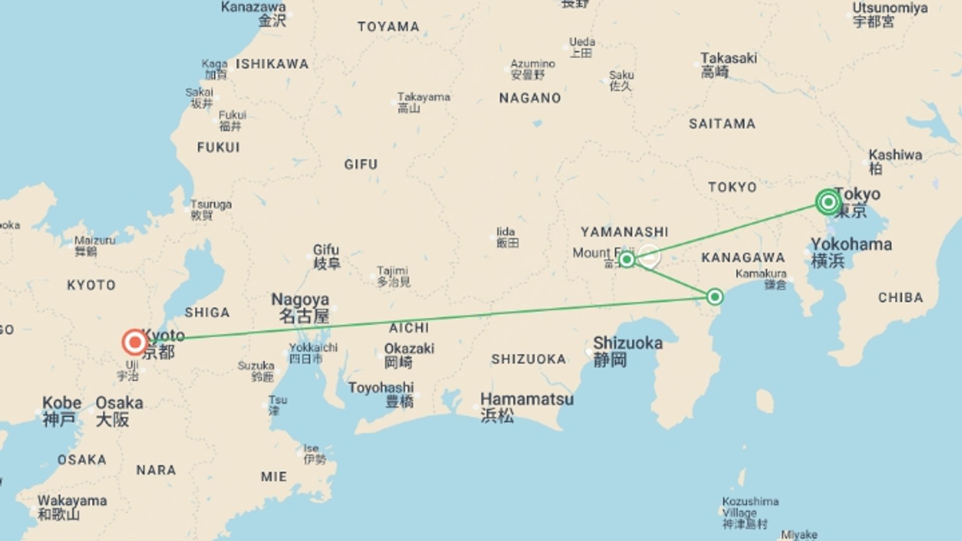 A map showing the tour itinerary for the trip: Luxury Japan Wellness Tour, starting in Tokyo, Japan and ending in Kyoto, Japan going through 1 other destinations.