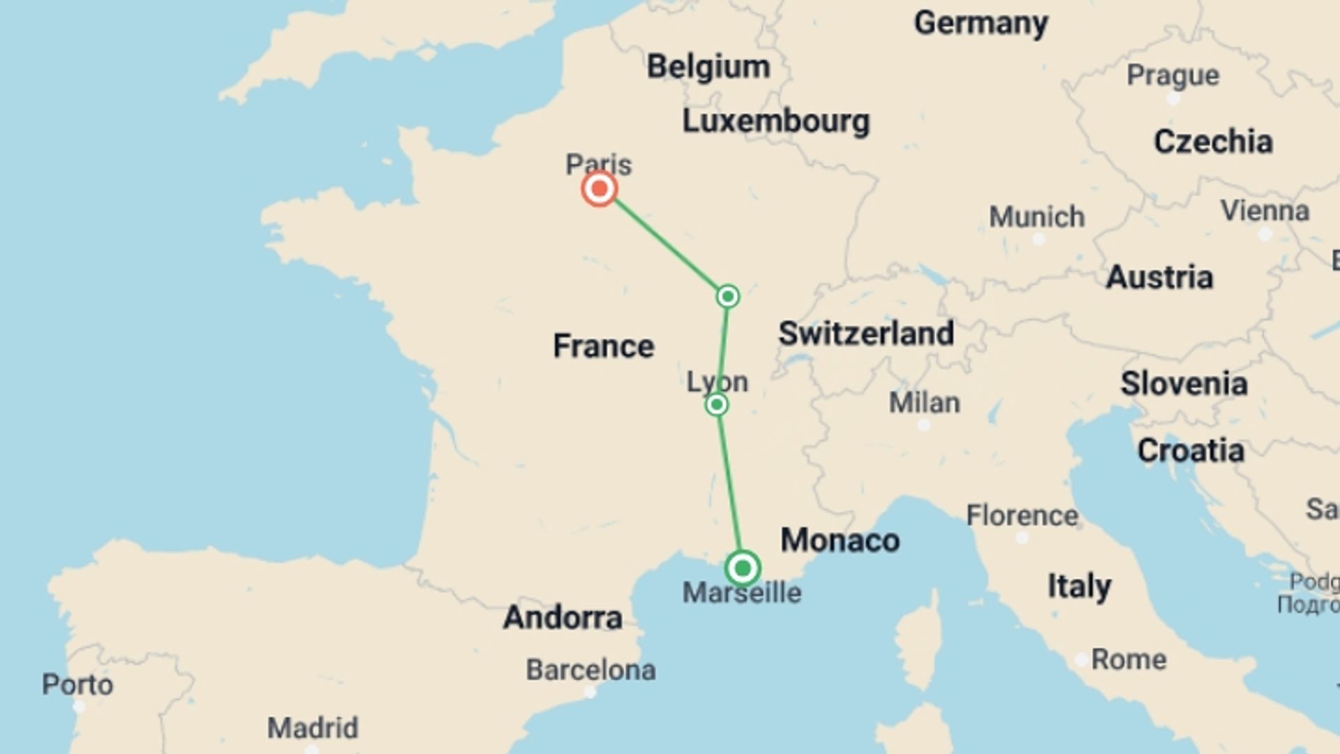 A map showing the tour itinerary for the trip: Cote d Azur and Burgundy, starting in Marseille, France and ending in Paris, France going through 2 other destinations.
