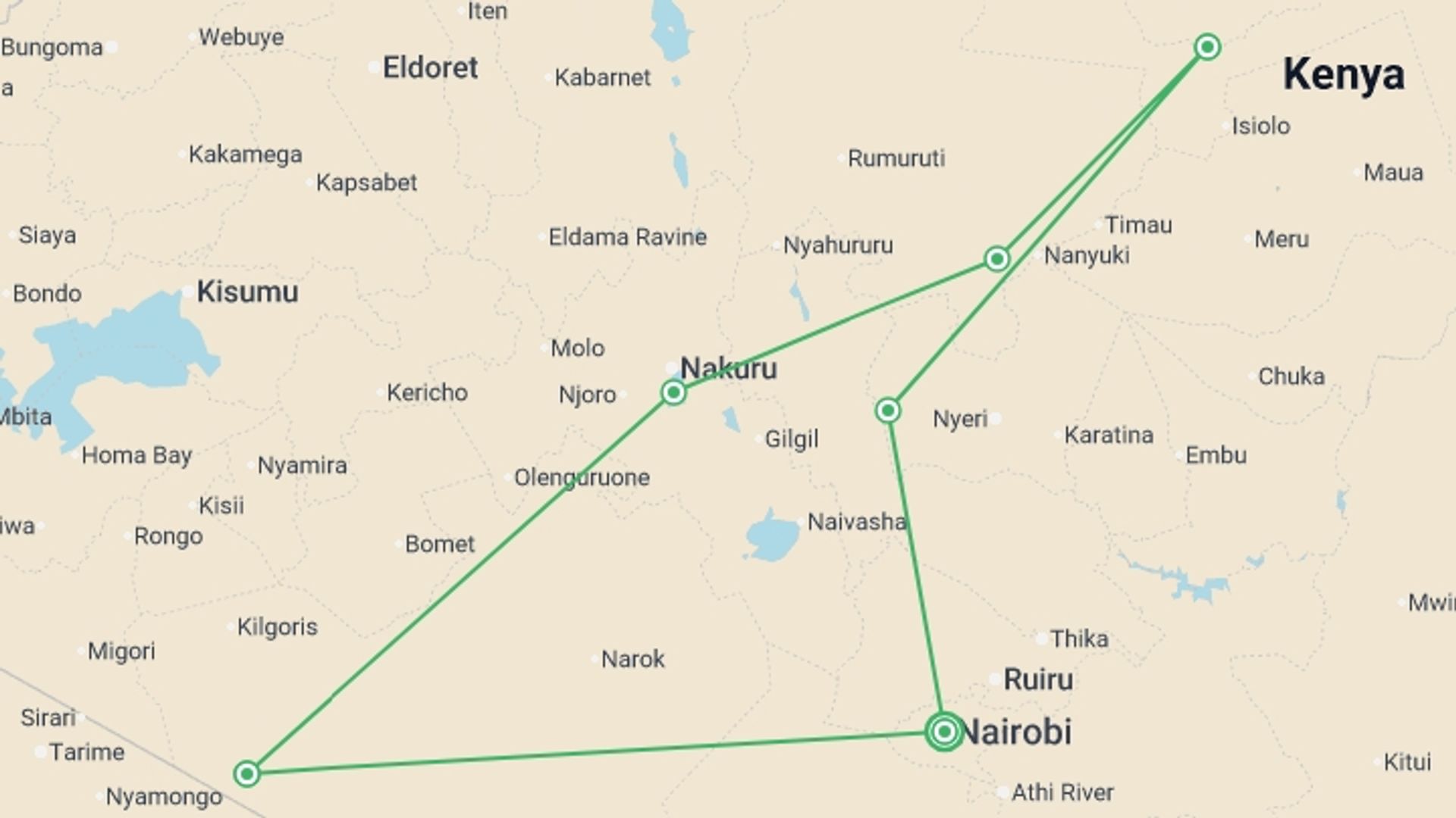 A map showing the tour itinerary for the trip: Wonders of Kenya, starting in Nairobi, Kenya and ending in Nairobi, Kenya going through 5 other destinations.