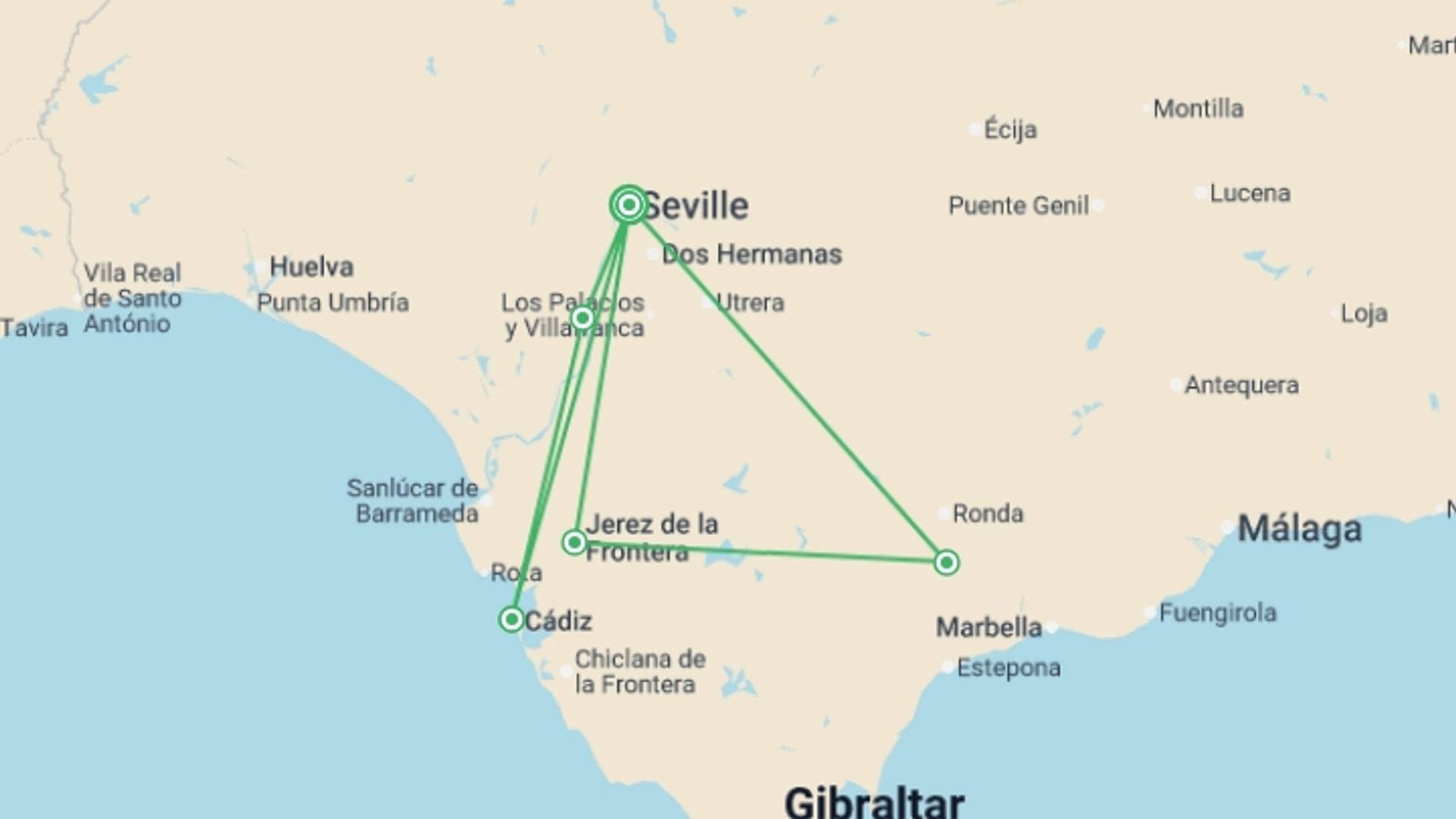 A map showing the tour itinerary for the trip: The Jamón Ibérico Route and the Pueblos Blancos - Amazing Andalusia: Enchanting Traditional Architecture and Fabulous Cuisine (port-to-port cruise), starting in Seville, Spain and ending in Seville, Spain going through 4 other destinations.
