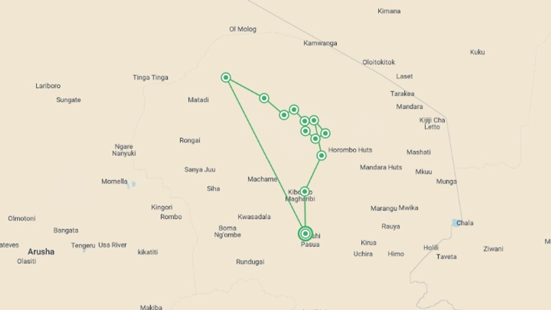 A map showing the tour itinerary for the trip: Eight-Day Mount Kilimanjaro Climb: Lemosho Route, starting in Moshi, Tanzania and ending in Moshi, Tanzania going through 9 other destinations.