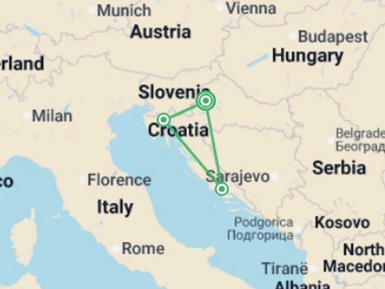 Map itinerary of Europe Tour in Winter with 4 destination visits for the trip: Winter in Croatia featuring Plitvice Lakes and the Adriatic Coast