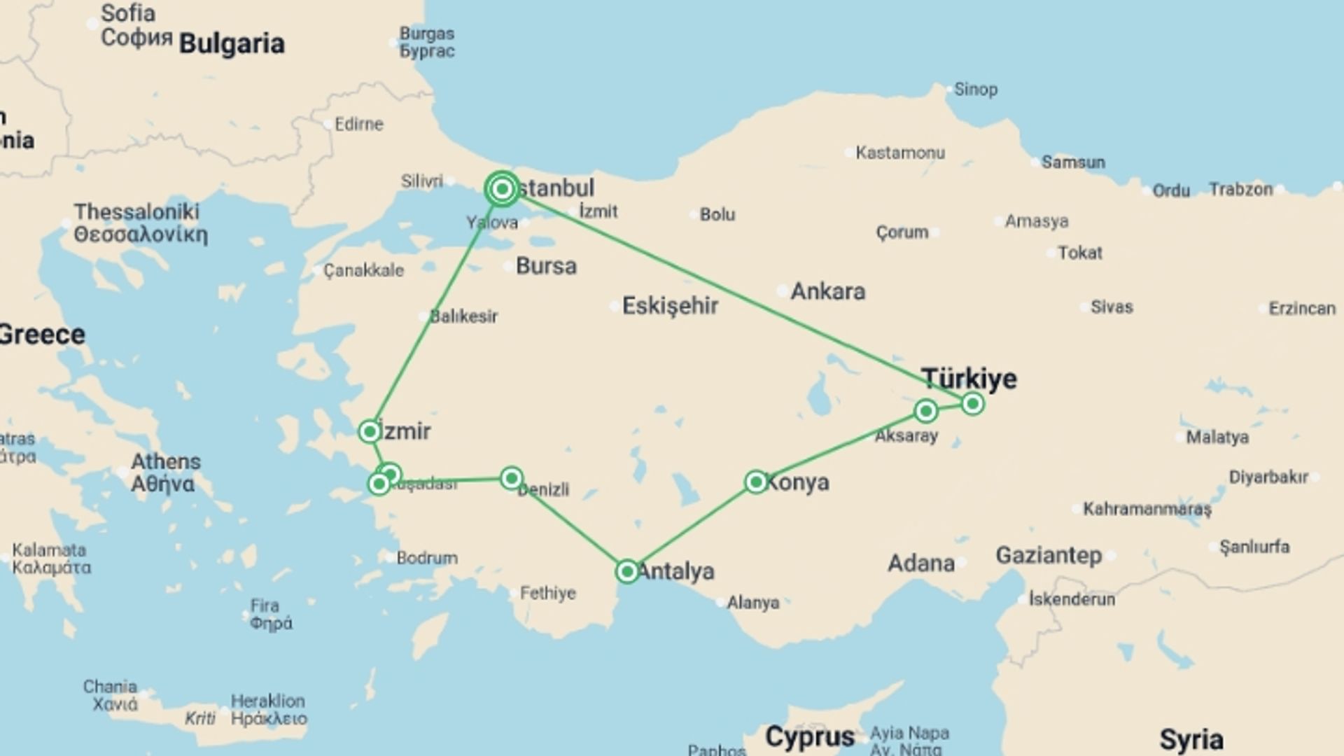 A map showing the tour itinerary for the trip: Turkish Delight With Cappadocia, starting in Istanbul, Turkey and ending in Istanbul, Turkey going through 5 other destinations.