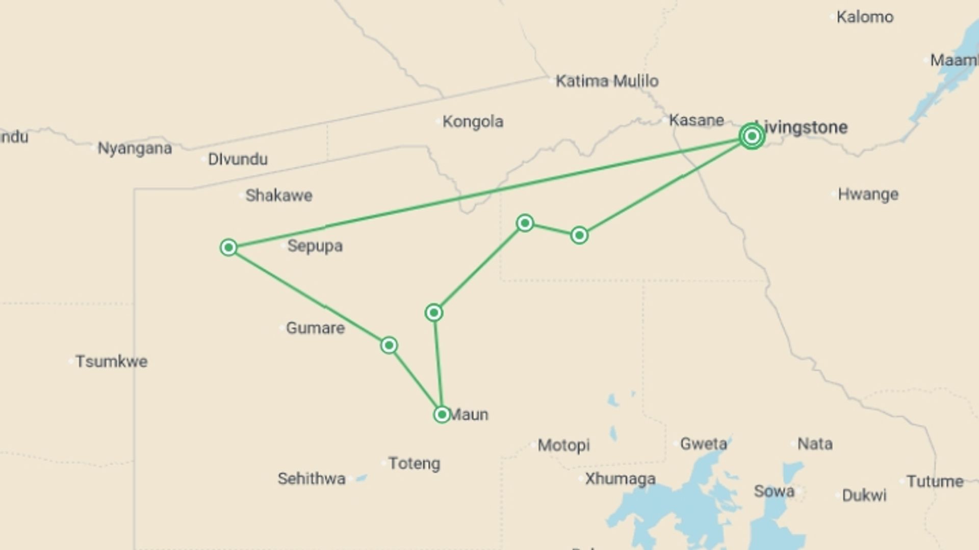 A map showing the tour itinerary for the trip: Botswana Wildlife Safari, starting in Victoria Falls, Zimbabwe and ending in Victoria Falls, Zimbabwe going through 6 other destinations.