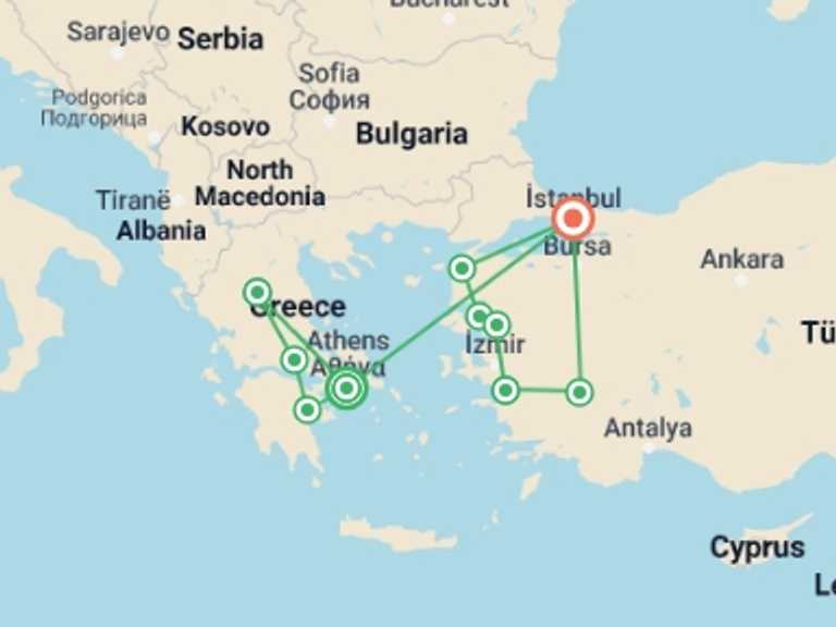 Map of 15-Day Europe Tour with 9 destination visits for the trip: The Best of Greece & Turkey
