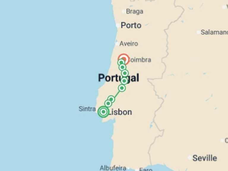 Map itinerary of Lisbon Tour in November 2026 with 9 destination visits for the trip: Portuguese Camino - Lisbon to Coimbra