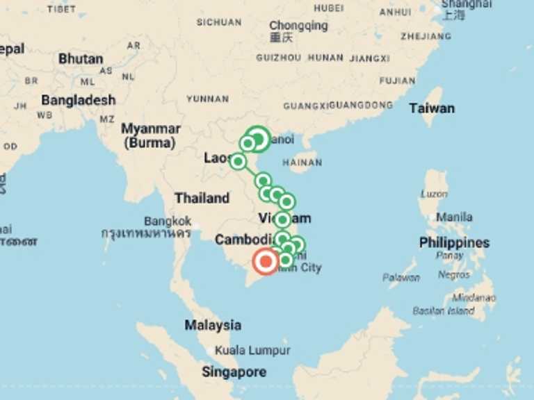Map itinerary of Asia Tour in April 2027 with 16 destination visits for the trip: 15 Days: Hanoi to Ho Chi Minh City Motorcycle Adventure