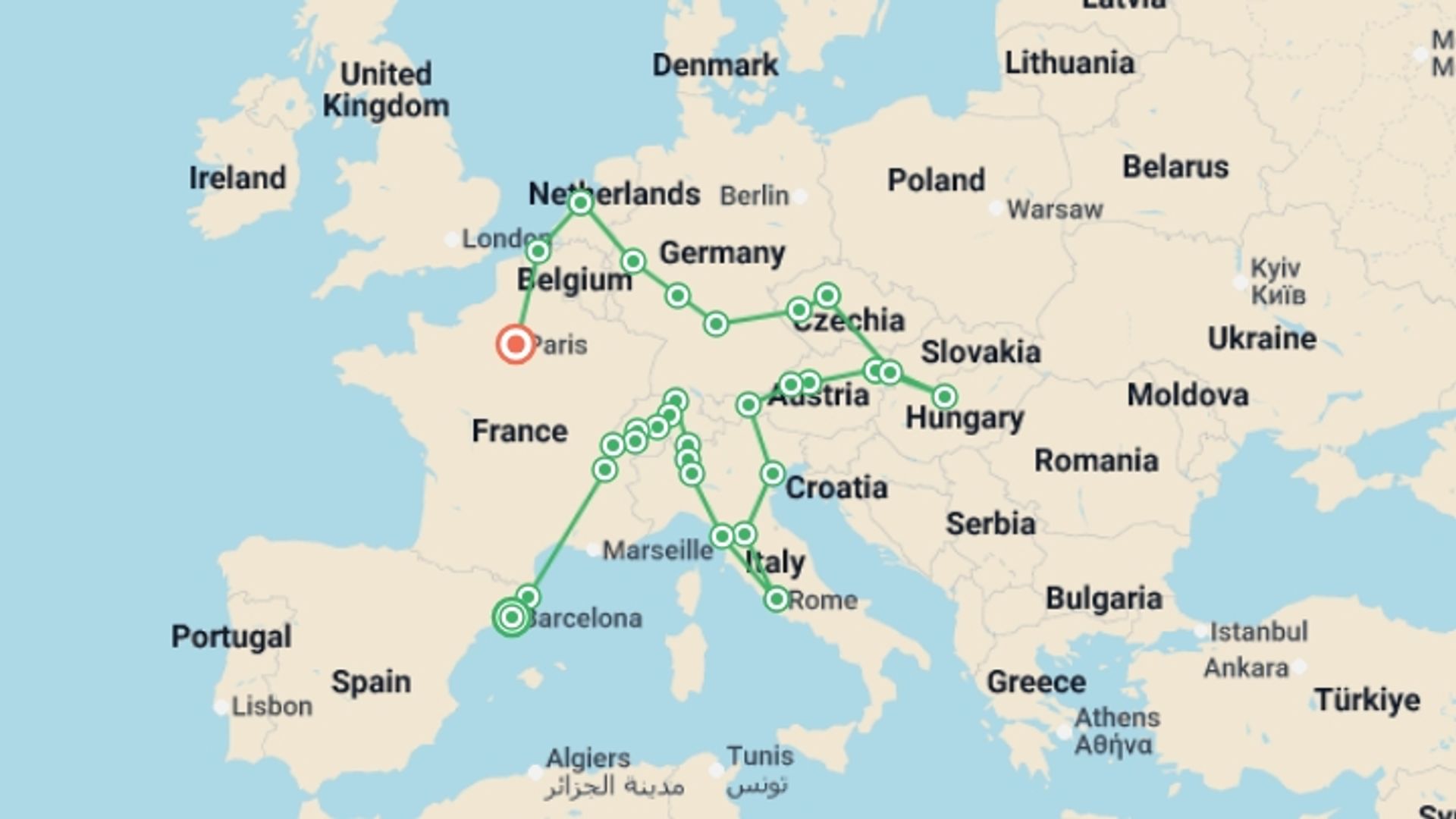 A map showing the tour itinerary for the trip: Unforgettable Panorama, starting in Barcelona, Spain and ending in Paris, France going through 14 other destinations.