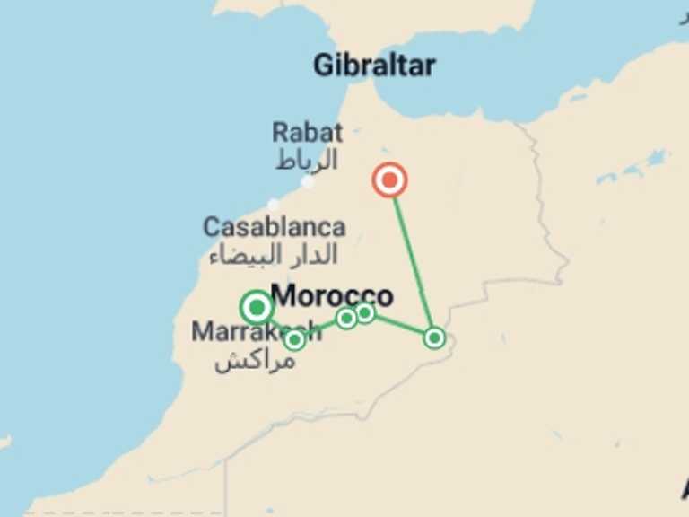 Map of Marrakech Tour with 8 destination visits for the trip: Sahara Nomad Express