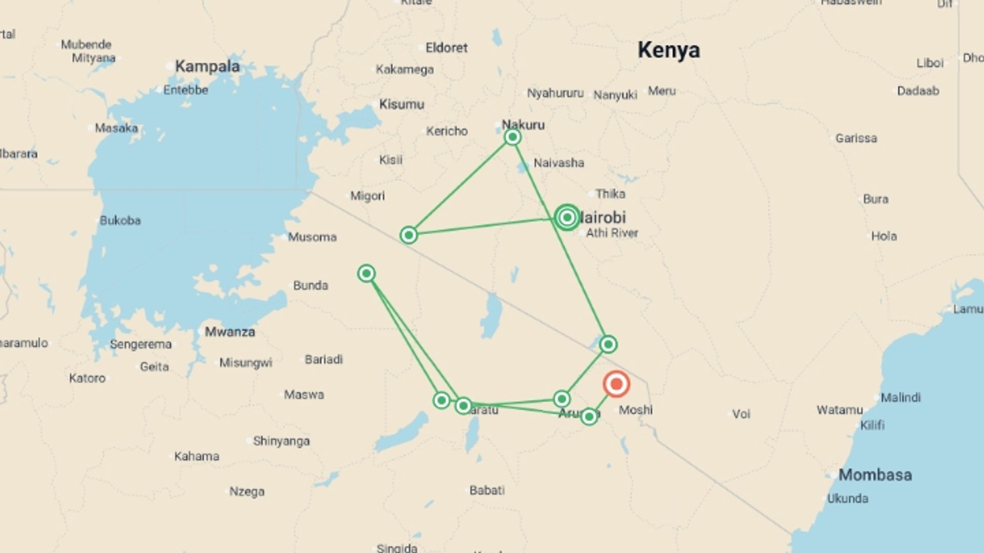 A map showing the tour itinerary for the trip: Classic East Africa, starting in Nairobi, Kenya and ending in Kilimanjaro, Tanzania going through 8 other destinations.