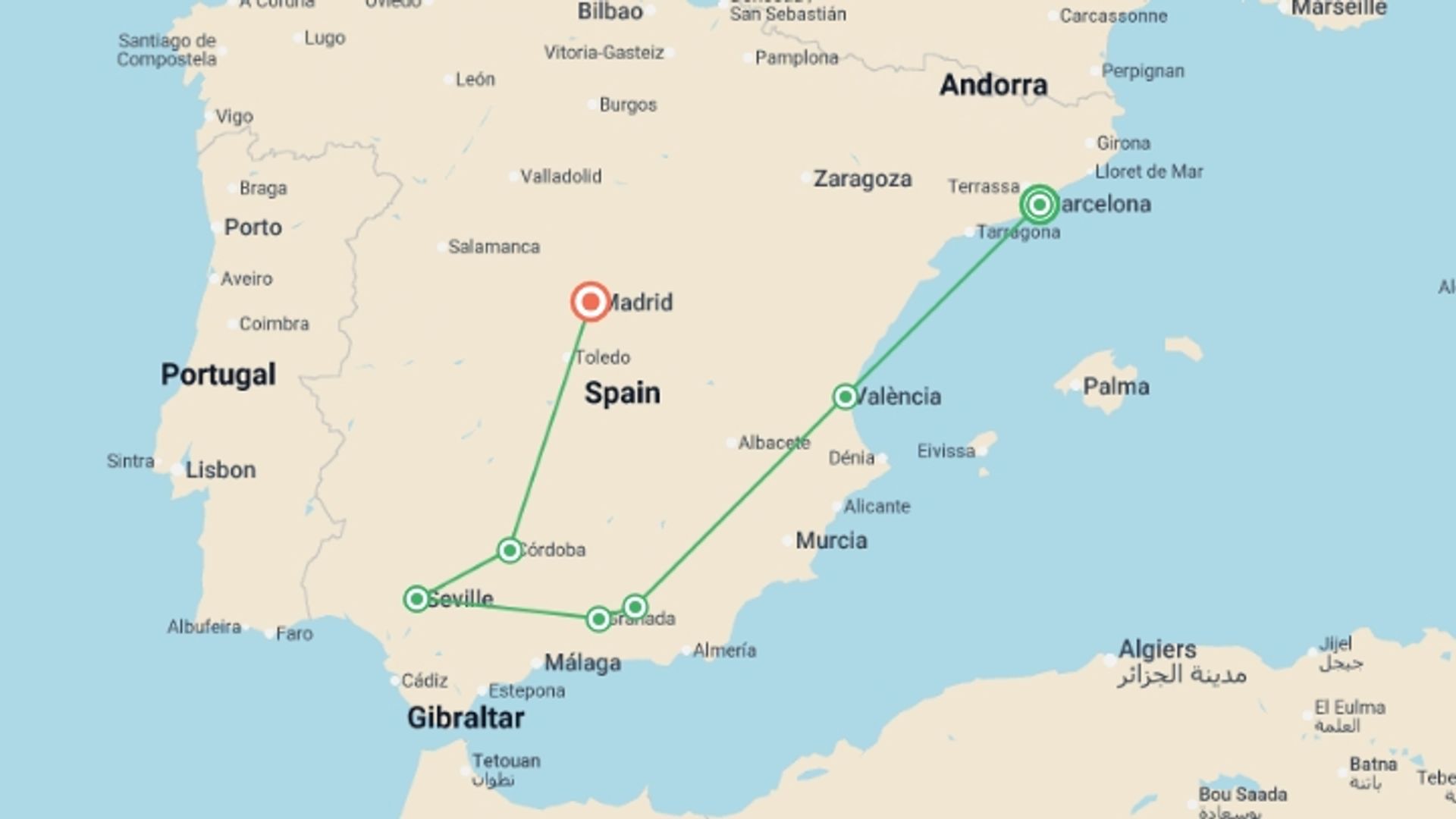 A map showing the tour itinerary for the trip: Highlights of Spain, starting in Barcelona, Spain and ending in Madrid, Spain going through 3 other destinations.