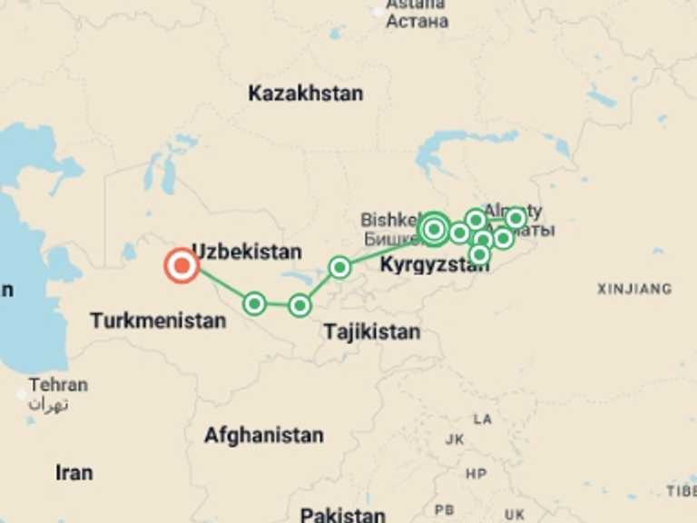 Map of Asia Tour with 13 destination visits for the trip: The Silk Road