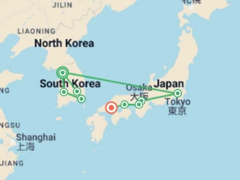 Map of 15-Day Osaka Tour with 9 destination visits for the trip: Unforgettable Korea and Japan