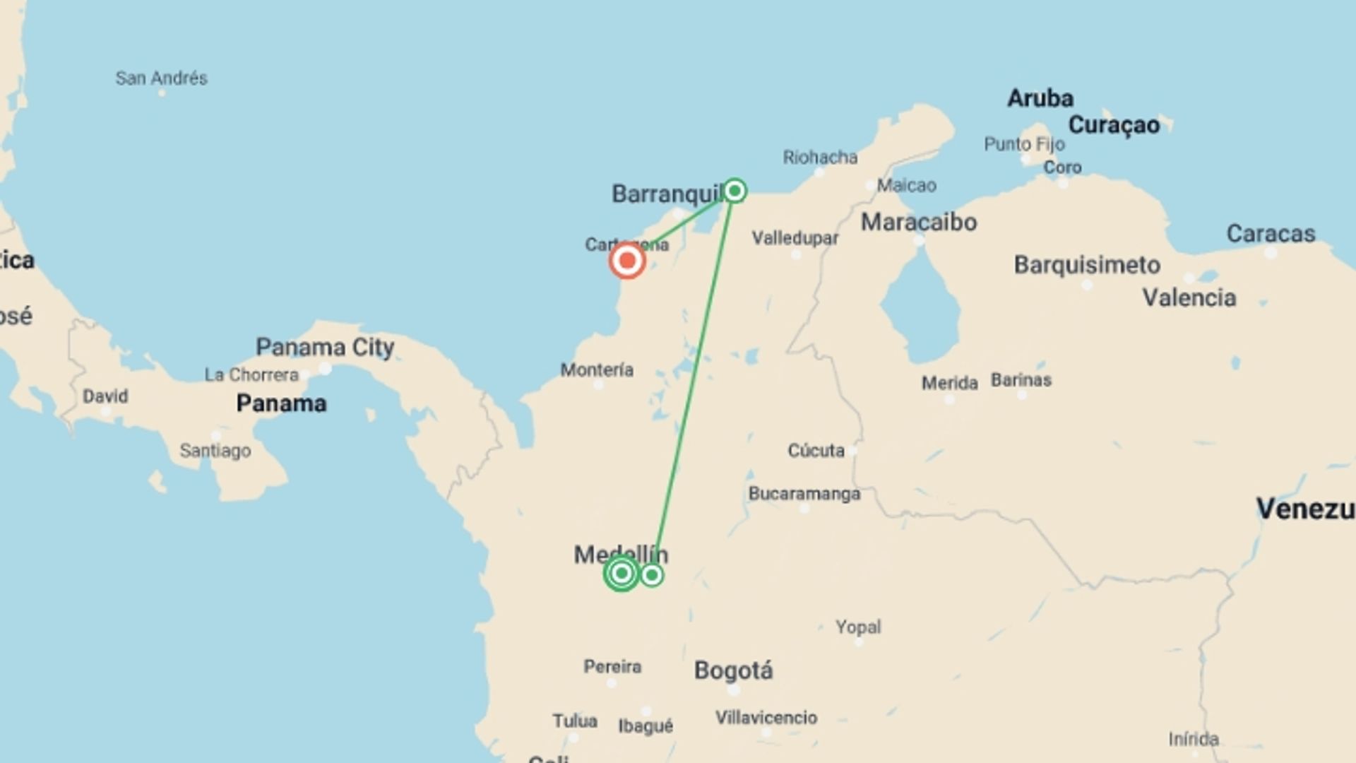 A map showing the tour itinerary for the trip: Solo-ish Colombia, starting in Medellin, Colombia and ending in Cartagena, Colombia going through 2 other destinations.