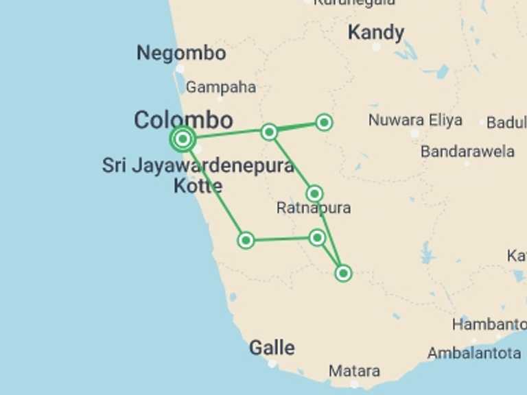 Map of Sri Lanka Tour with 2 destination visits for the trip: The Vivid Green Of Sri Lanka