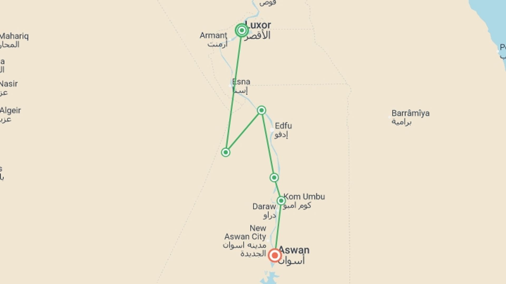 A map showing the tour itinerary for the trip: Odyssey on the Nile: Follow the Wind and Visit Legendary Sites on an Immersive Cruise (port-to-port cruise), starting in Luxor, Egypt and ending in Aswan, Egypt going through 4 other destinations.