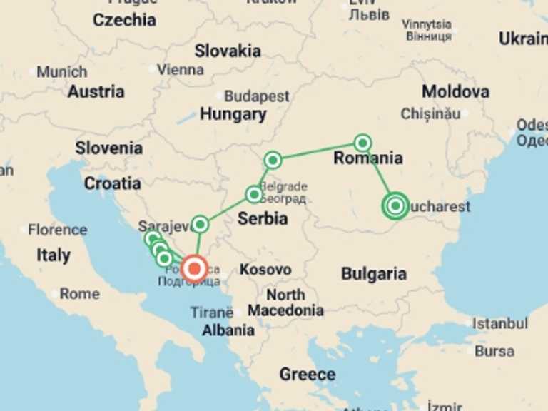 Map itinerary of Europe Tour in January 2027 with 10 destination visits for the trip: The Balkans and the Islands of the Dalmatian Coast