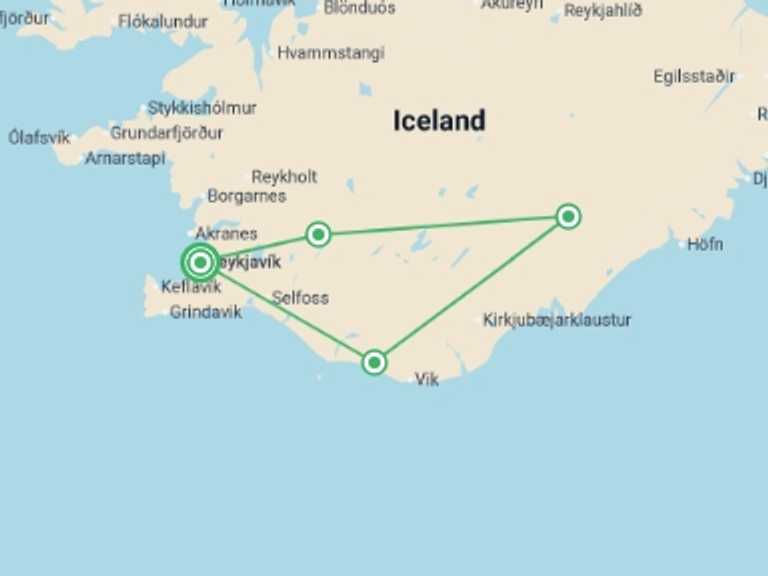 Map itinerary of Europe Tour in May 2026 with 4 destination visits for the trip: Snaefellsnes & South Iceland - 5 days