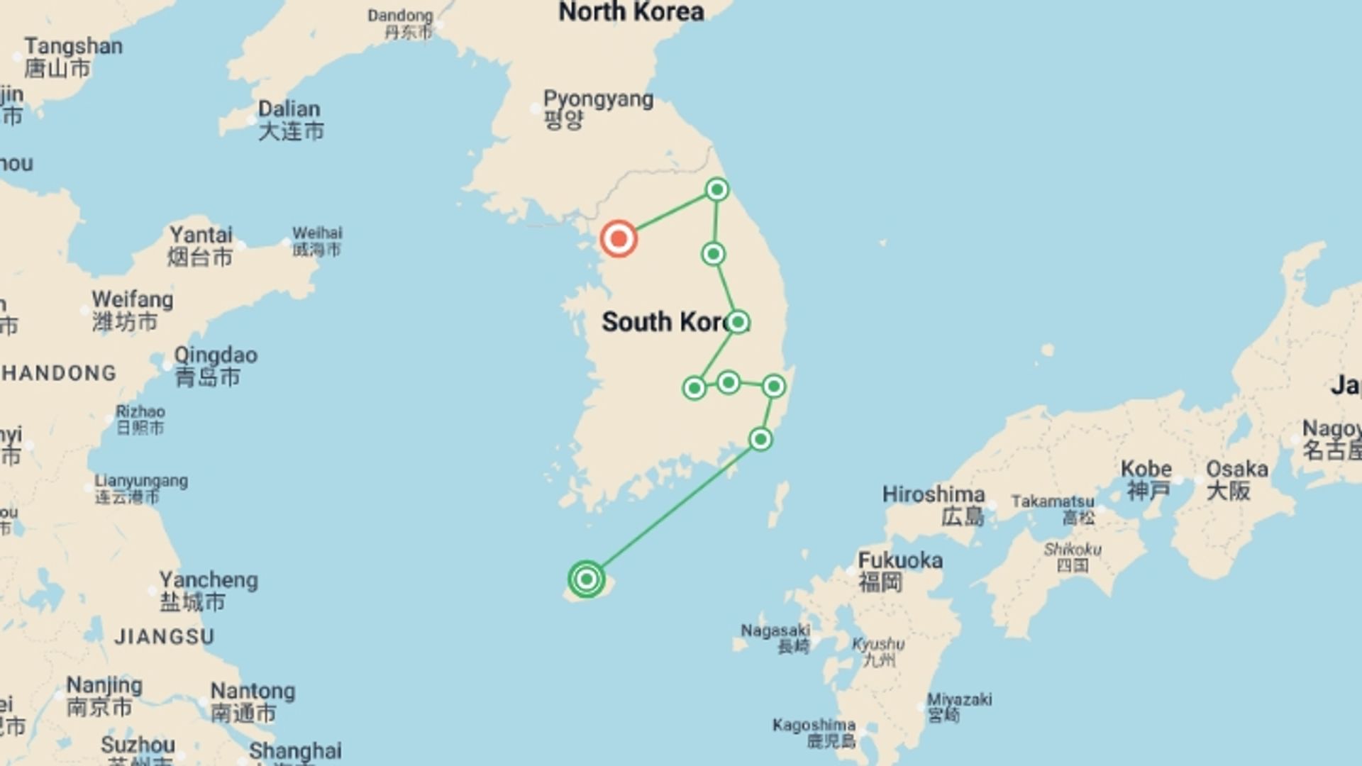 A map showing the tour itinerary for the trip: South Korea Eastern Conquest 7D/6N, starting in Jeju, South Korea and ending in Seoul, South Korea going through 5 other destinations.