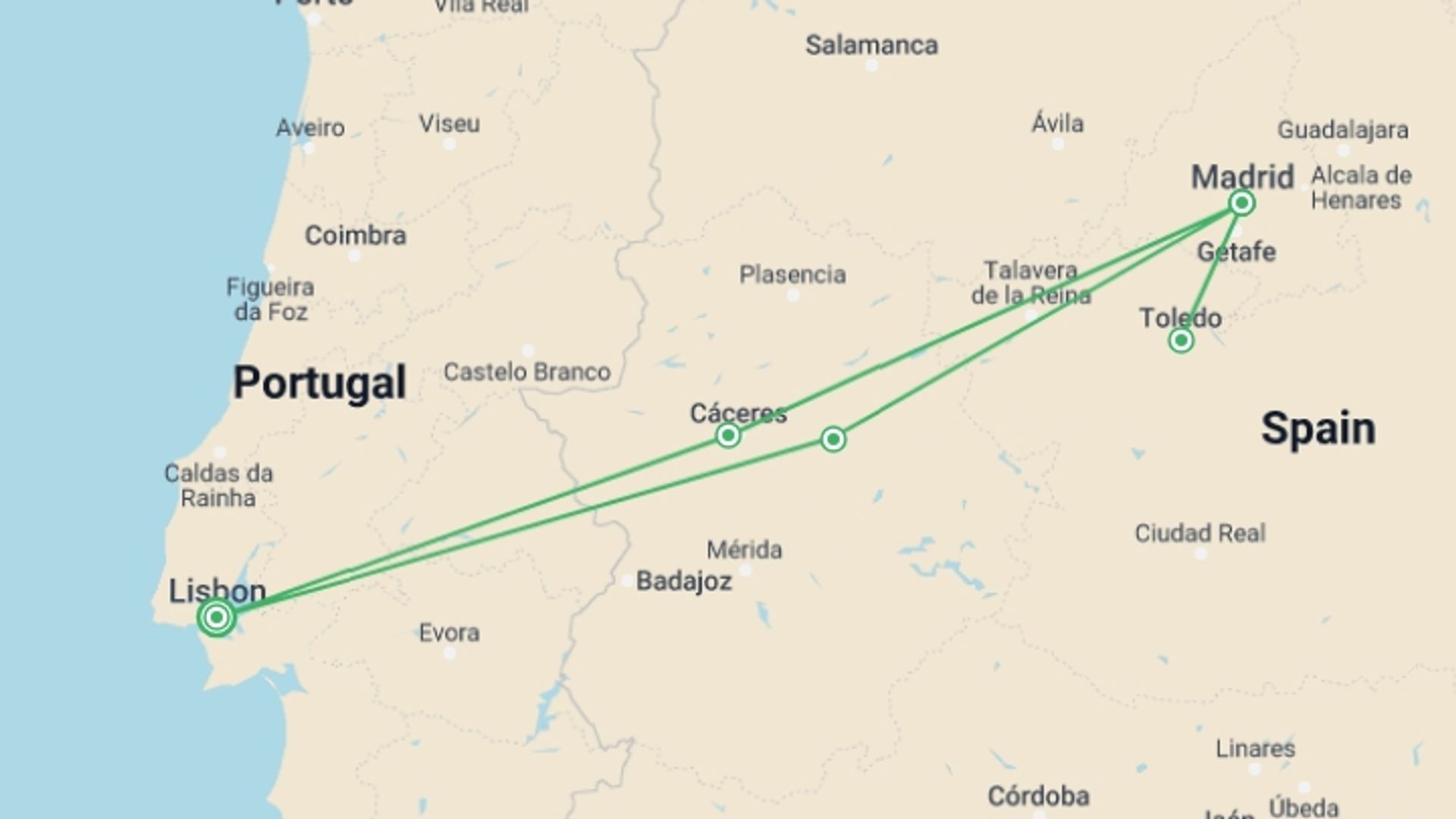 A map showing the tour itinerary for the trip: 5-day Madrid Tour From Lisbon, starting in Lisbon, Portugal and ending in Lisbon, Portugal going through 1 other destinations.