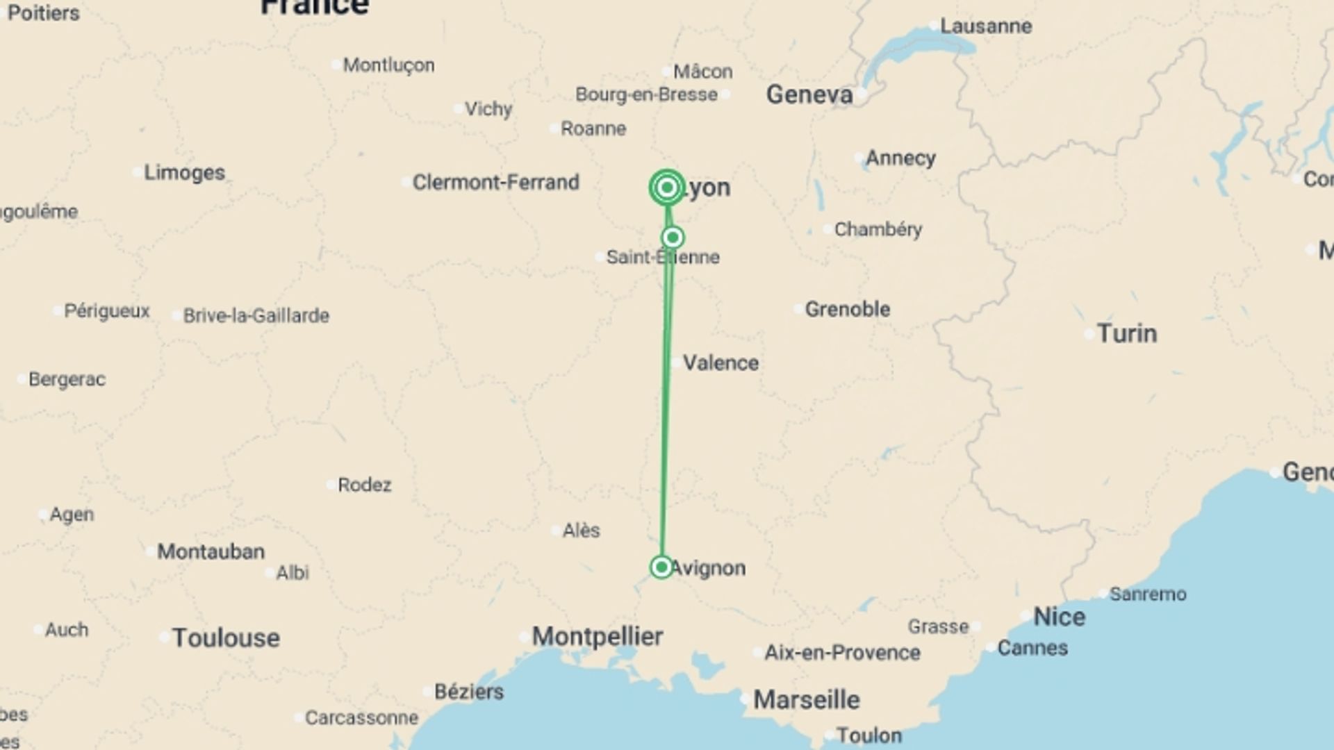 A map showing the tour itinerary for the trip: Provençal New Year's Eve in the Rhône Valley (port-to-port cruise), starting in Lyon, France and ending in Lyon, France going through 2 other destinations.