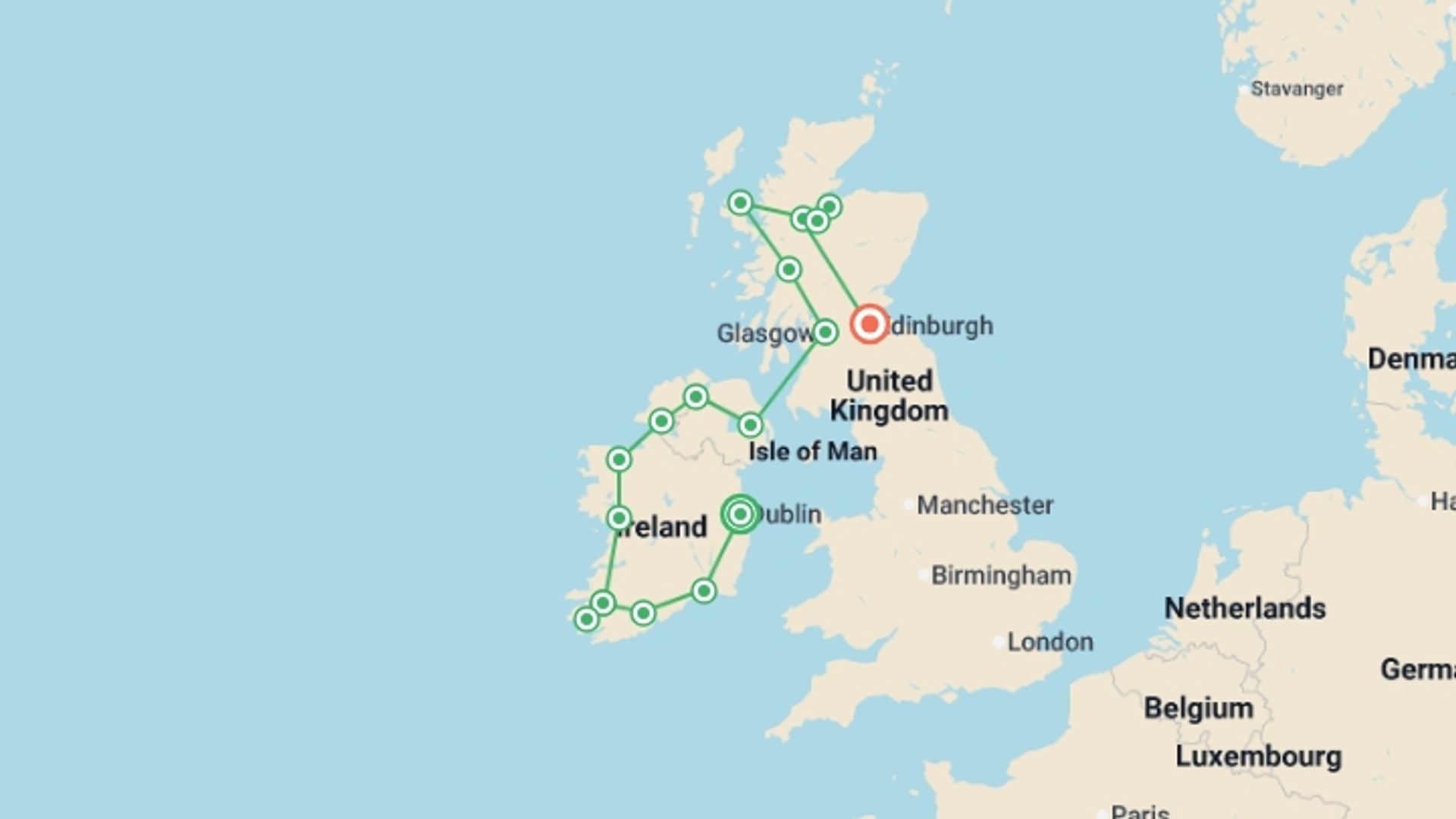 A map showing the tour itinerary for the trip: Best of Ireland and Scotland, starting in Dublin, Ireland and ending in Edinburgh, Scotland going through 8 other destinations.