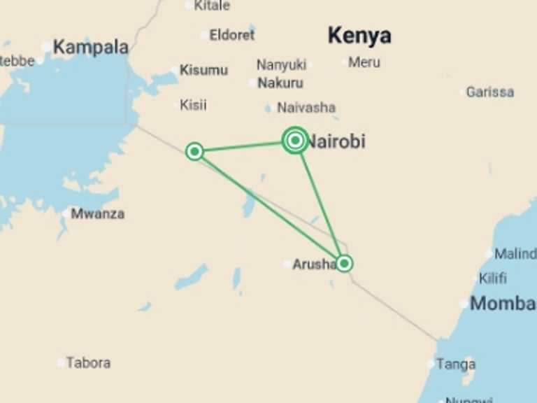 Map itinerary of Africa Tour in June 2026 with 3 destination visits for the trip: Masai Mara Wildlife Safari - 4 days