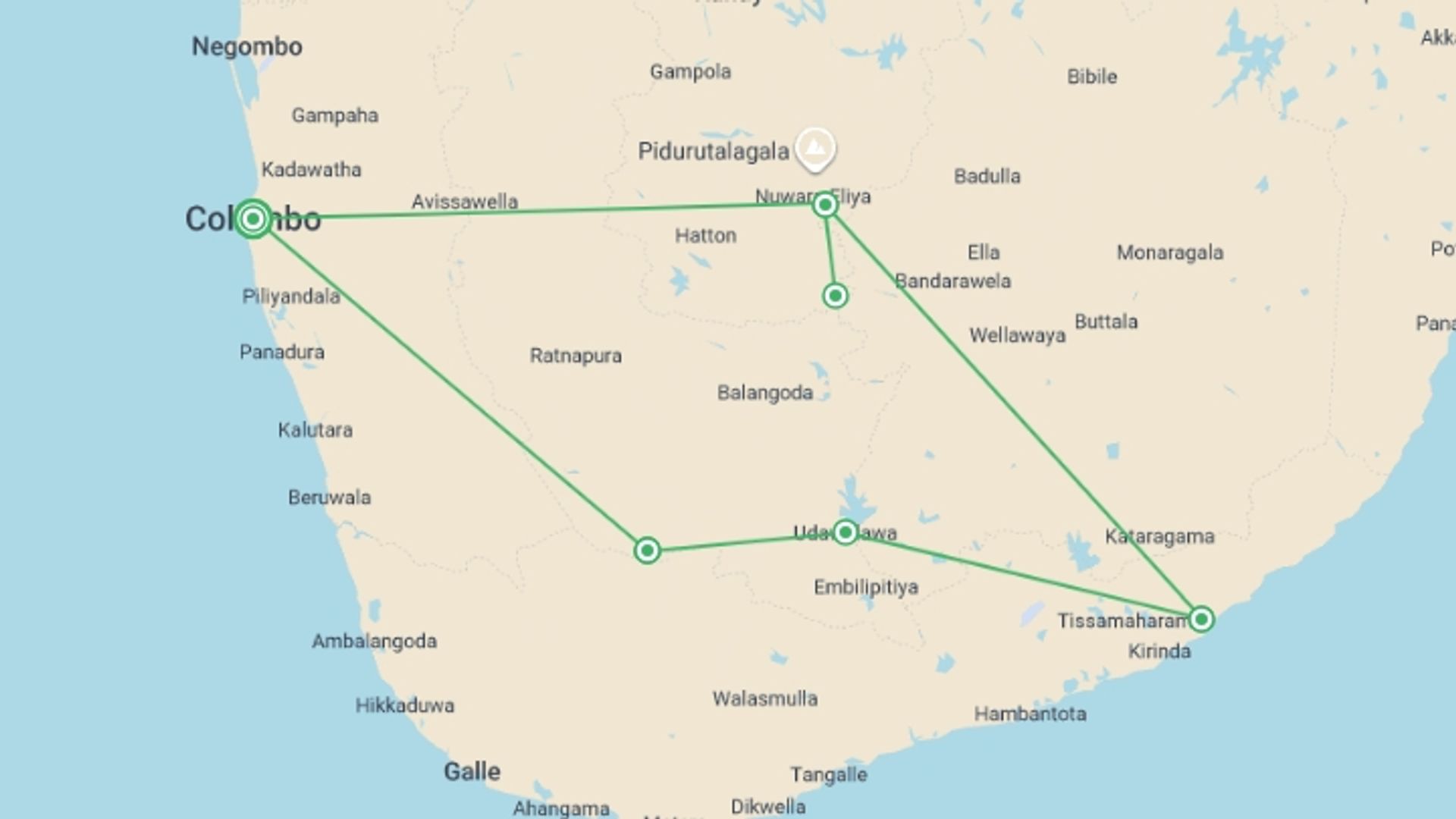 A map showing the tour itinerary for the trip: Birder's Paradise Sri Lanka, Private Tour, starting in Sinharaja, Sri Lanka and ending in Sinharaja, Sri Lanka going through 4 other destinations.
