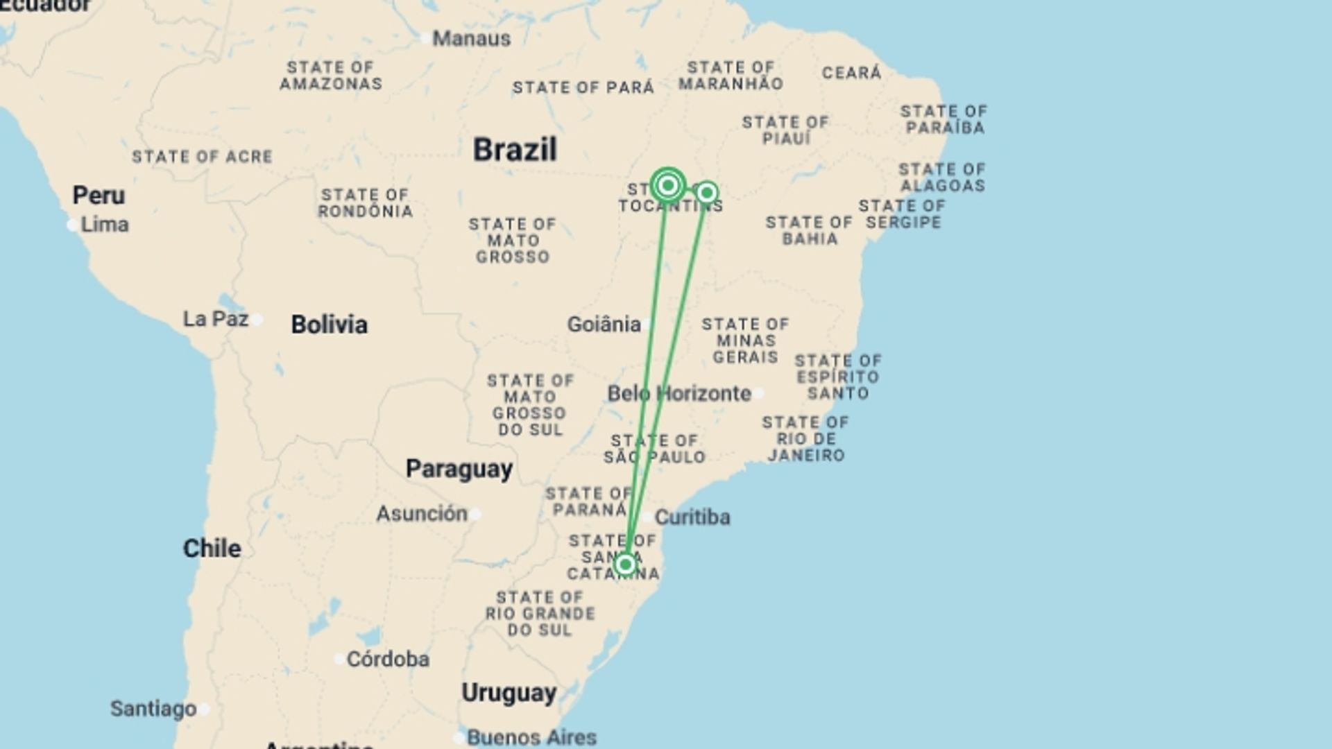 A map showing the tour itinerary for the trip: Jalapão Experience, starting in Tocantins, Brazil and ending in Palmas, Brazil going through 3 other destinations.