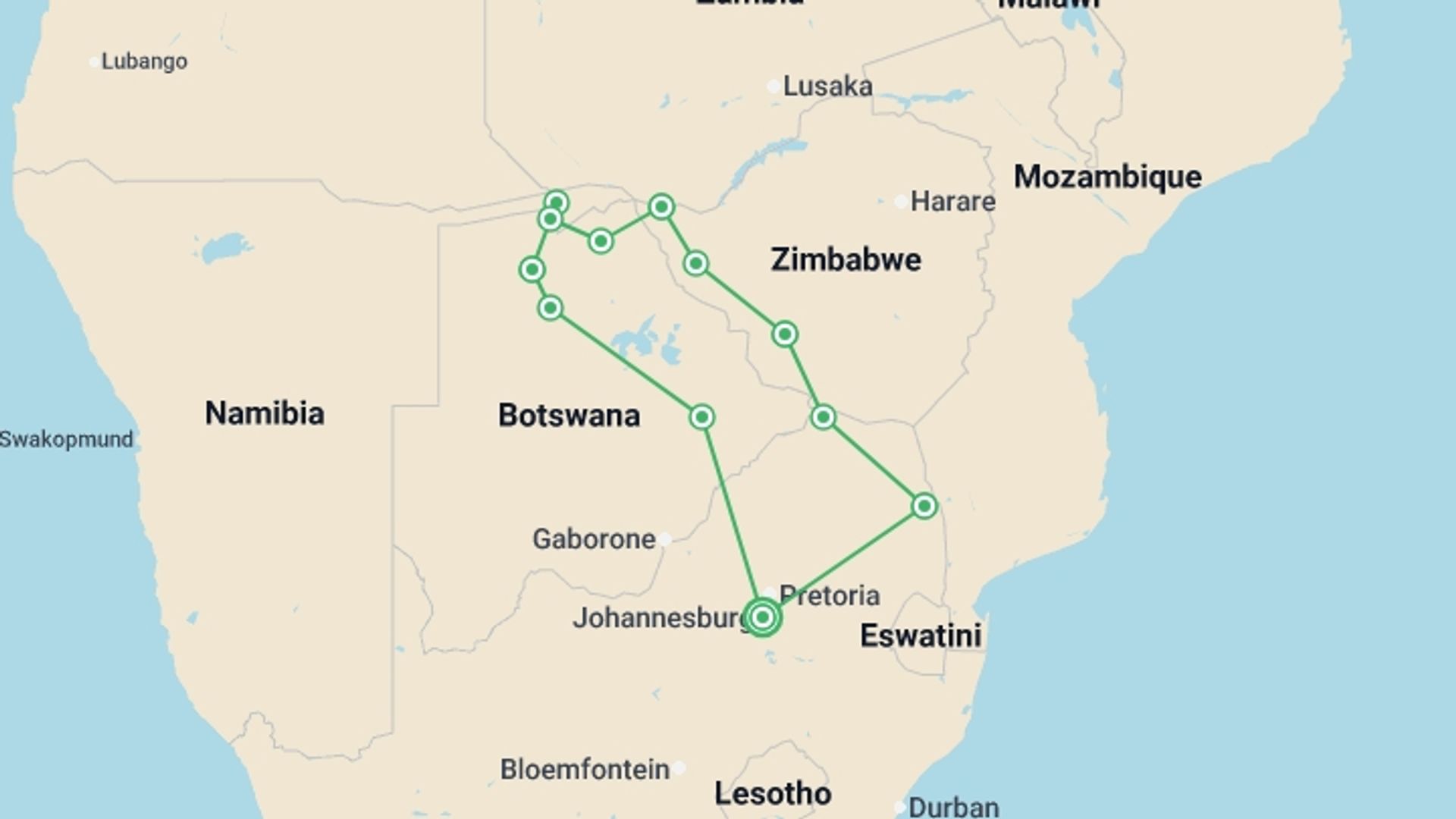 A map showing the tour itinerary for the trip: Real Southern Africa, starting in Johannesburg, South Africa and ending in Johannesburg, South Africa going through 11 other destinations.