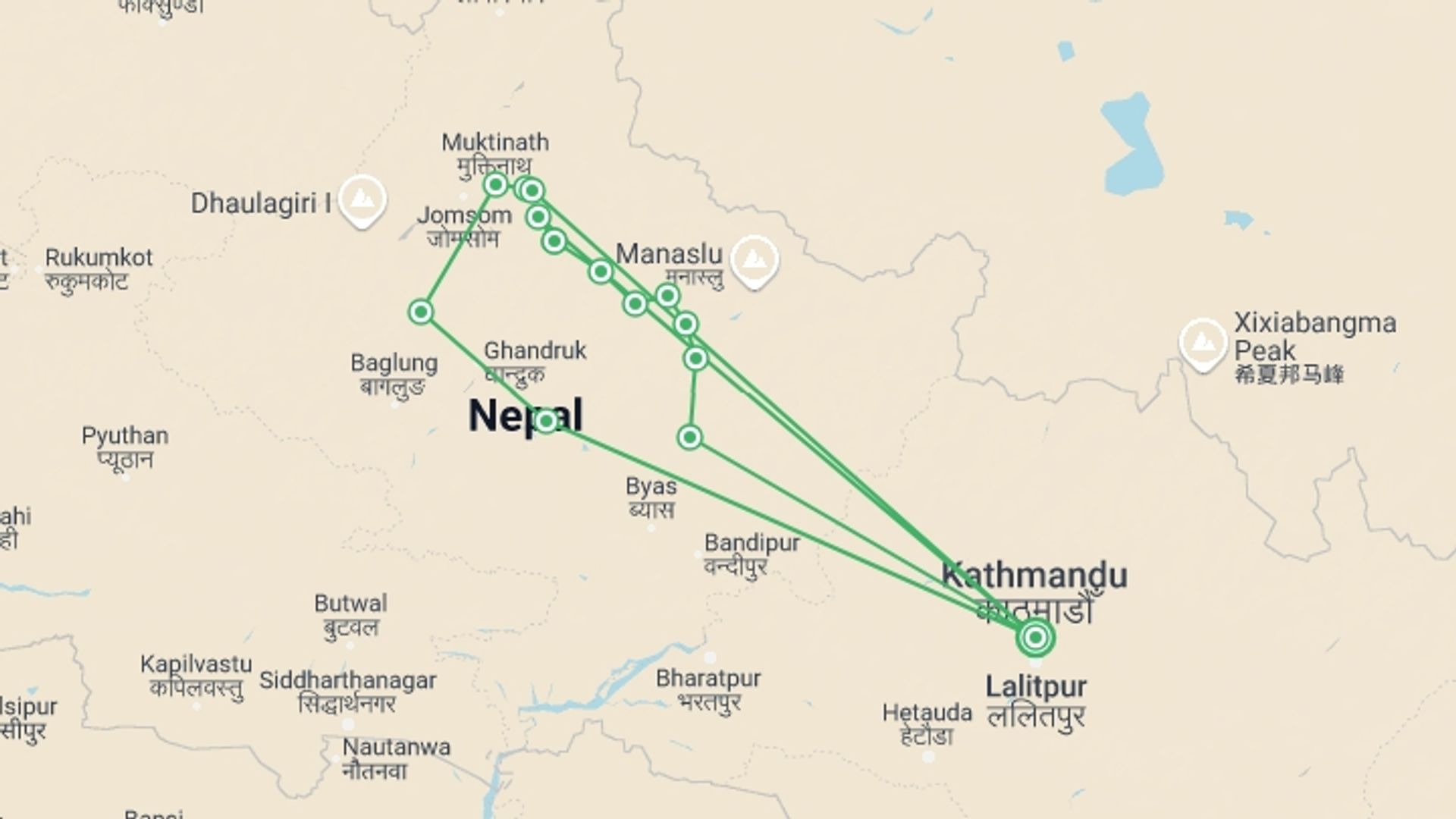 A map showing the tour itinerary for the trip: 8 Days Annapurna Panorama with Poonhill Trek, starting in Kathmandu, Nepal and ending in Kathmandu, Nepal going through 12 other destinations.