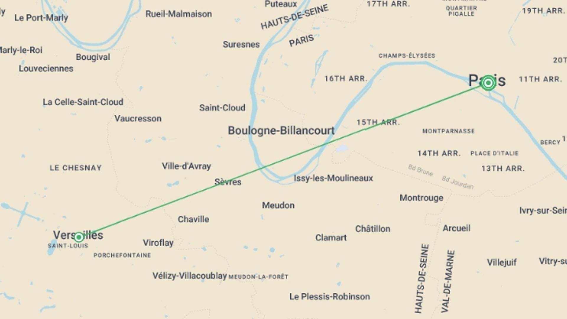 A map showing the tour itinerary for the trip: Highlights of Paris & Versailles - 5 days, starting in Paris, France and ending in Paris, France going through 1 other destinations.