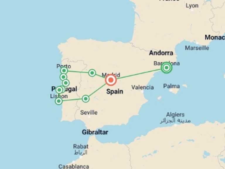 Map itinerary of Lisbon Tour in December 2025 with 5 destination visits for the trip: Wonders of Spain & Portugal: Small Group Tour