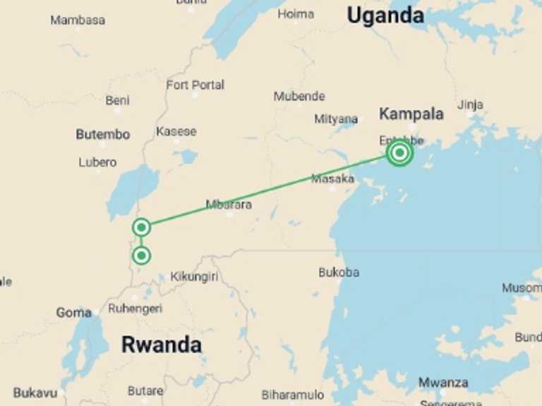 Map of a Gorilla and chimpanzee tracking Tour with 2 destination visits for the trip: Four Day Gorilla Trekking Safari