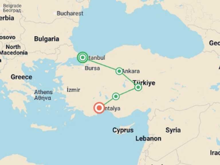 Map itinerary of Turkey Tour in March 2027 with 5 destination visits for the trip: Impressive Turkey