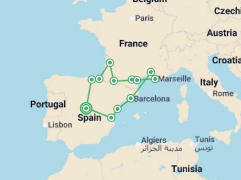Map itinerary of Europe Tour in Spring with 7 destination visits for the trip: Madrid, Basque Country, Lourdes, Provence and Barcelona