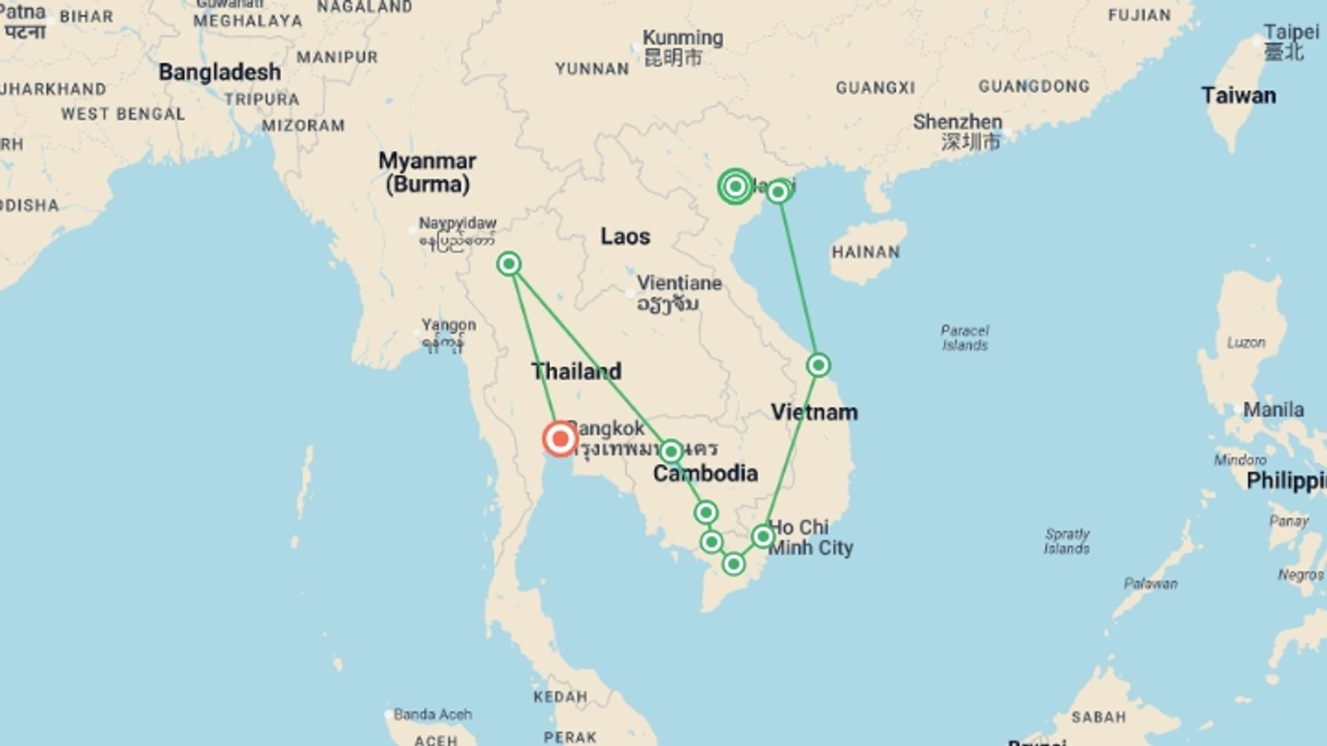 A map showing the tour itinerary for the trip: Ultimate Vietnam Cambodia Thailand Tour – 22 Days, starting in Hanoi, Vietnam and ending in Bangkok, Thailand going through 10 other destinations.