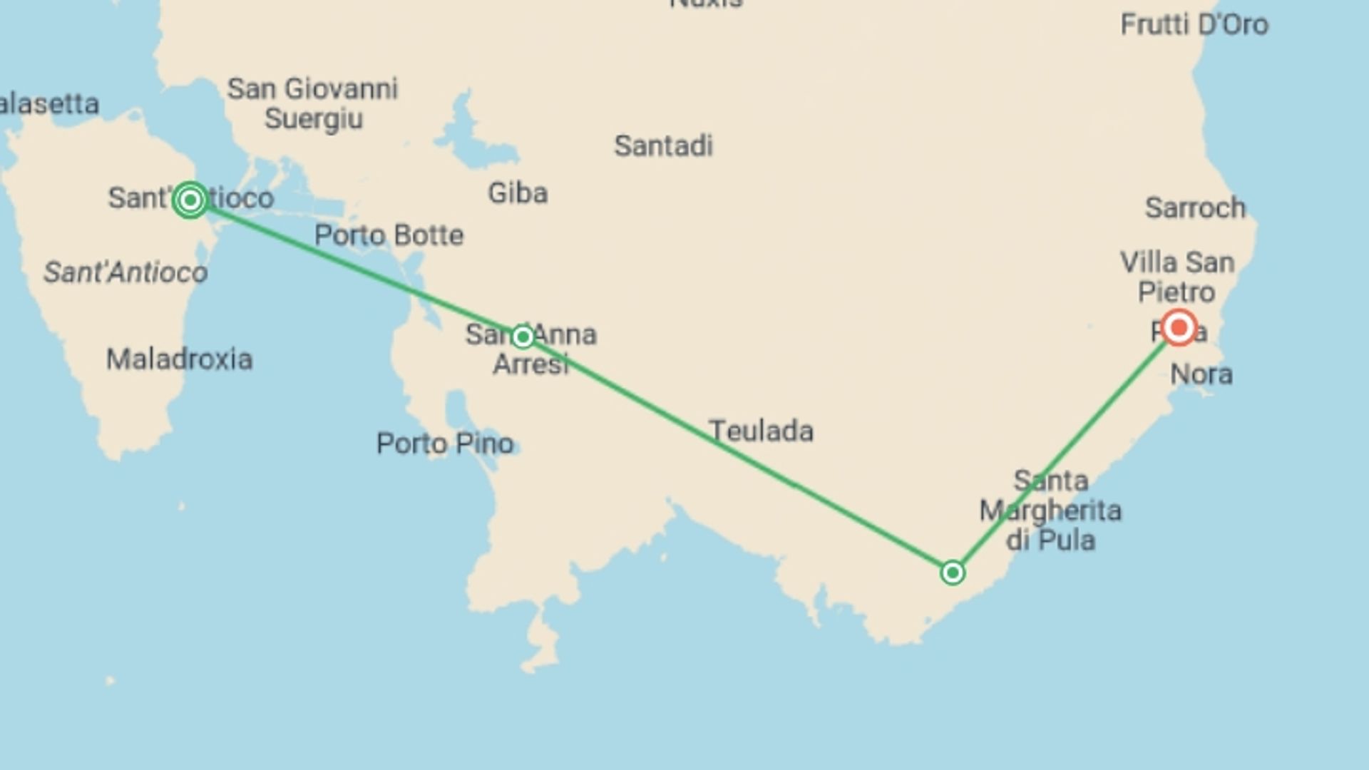 A map showing the tour itinerary for the trip: Sardinia Family Cycle Adventure, starting in Sant'Antioco, Italy and ending in Pula, Italy going through 3 other destinations.