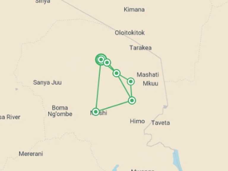 Map itinerary of Moshi Tour in Fall with 5 destination visits for the trip: Marangu Route, Silver Level Climb (on Request)