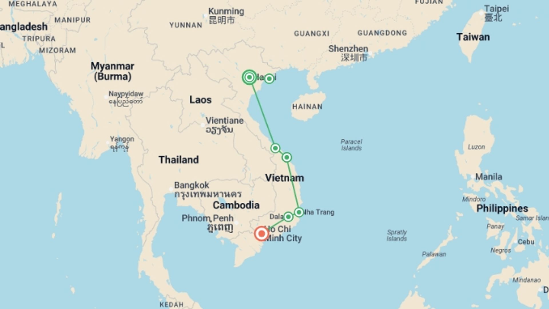 A map showing the tour itinerary for the trip: Vietnam Circuit (from Hanoi) Express Travel Pass, starting in Hanoi, Vietnam and ending in Ho Chi Minh City, Vietnam going through 5 other destinations.