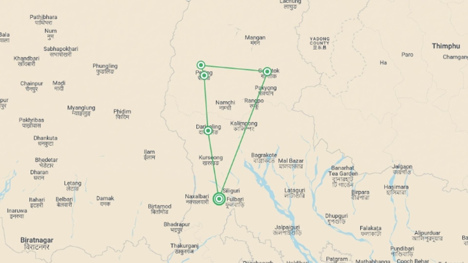 A map showing the tour itinerary for the trip: Darjeeling & Sikkim Authentic Cultural Tour, starting in Bagdgora Airport, India and ending in Bagdgora Airport, India going through 6 other destinations.