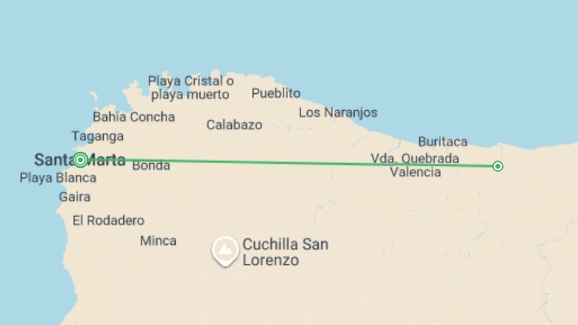 A map showing the tour itinerary for the trip: Tayrona Natural Experience 3D/2N, starting in Santa Marta, Colombia and ending in Santa Marta, Colombia going through 1 other destinations.